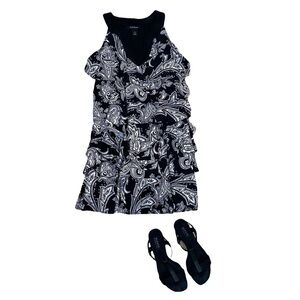 Whbm Ruffle Dress Sleeveless Black & White Paisley Women S Small